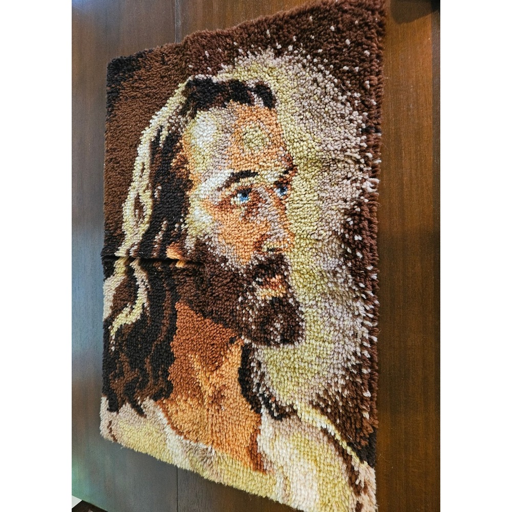 Vintage Latch Hook Rug Wall Hanging Jesus Portrait Brown Tan Vintage Folk Art